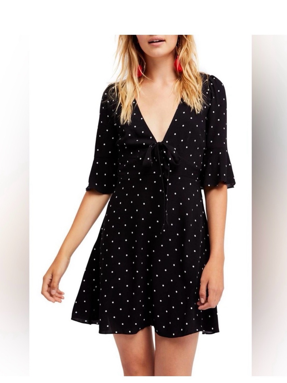Free People Black Polka Dot Tie-Front Mini Dress